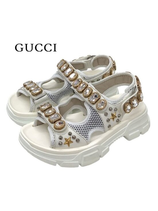 Gucci Shoes - Gucci Sandals Shoes Mesh Leather White Gold Silver Sports Flat